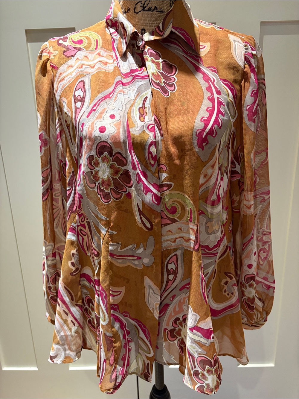 Zara Rust and Pink Paisley Button-Down Top